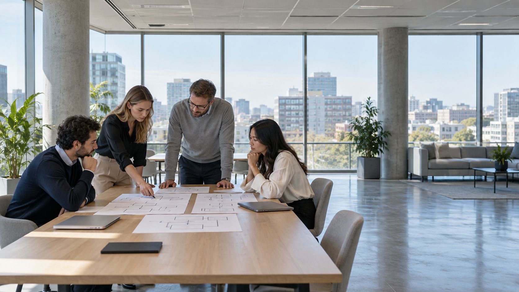Four colleagues around printed process maps on a long table in a bright office