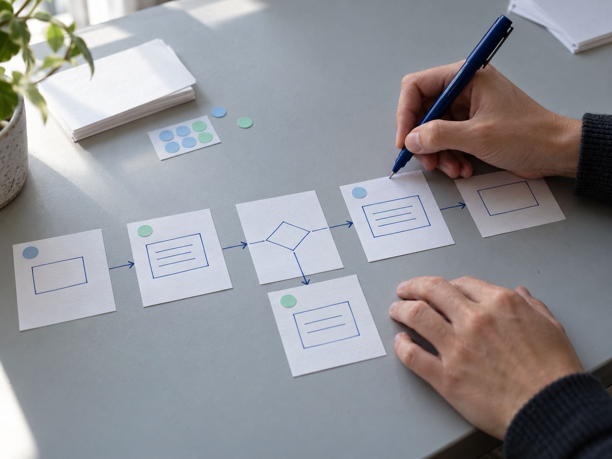 Hands drawing arrows between paper cards to map a workflow