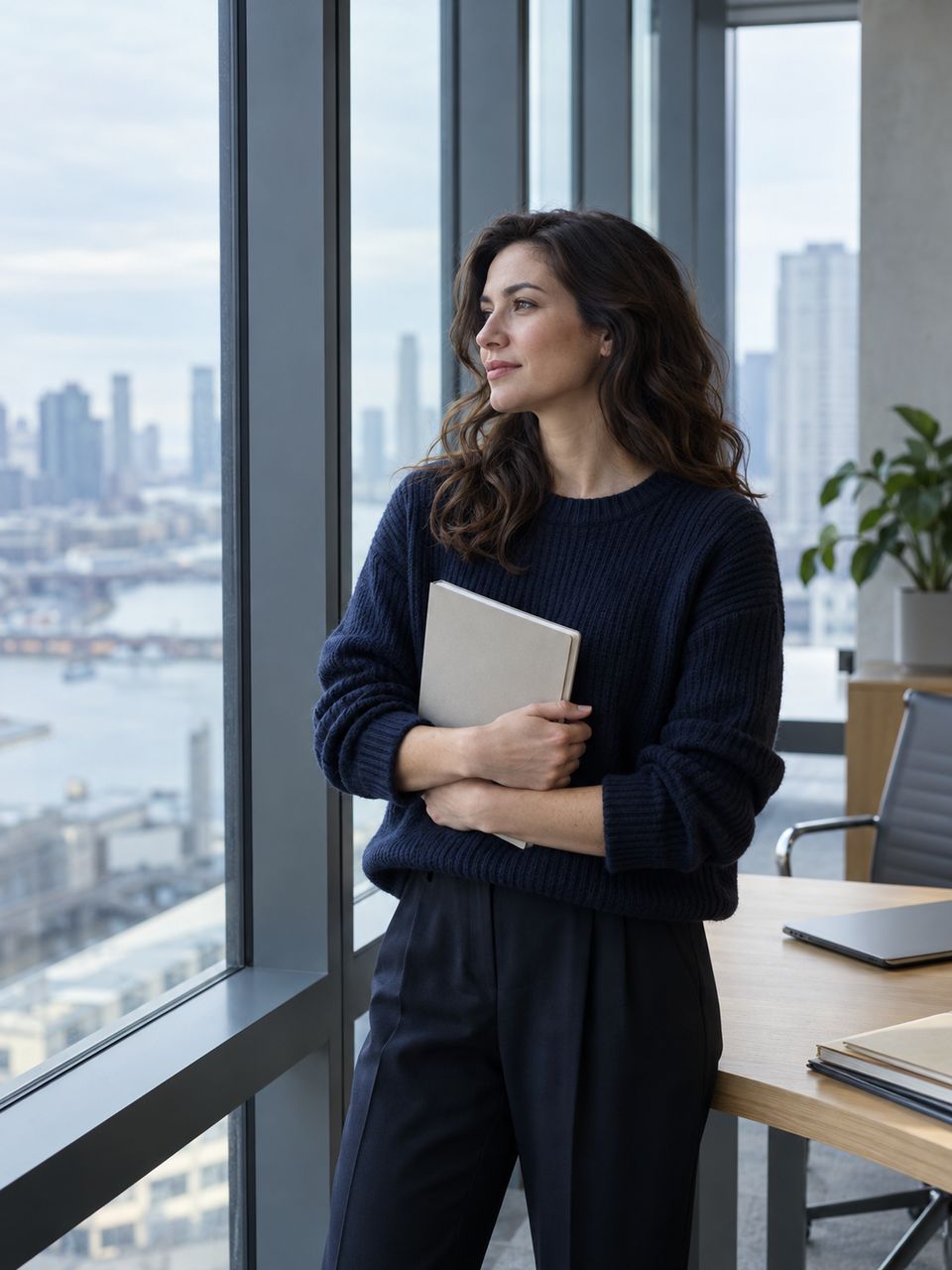 A team member by an office window holding a notebook
